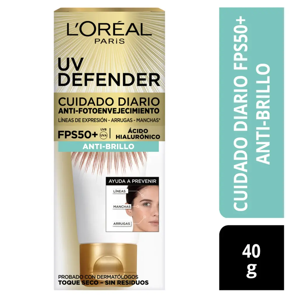 LOreal París UV Defender Anti-Brillo Sin Color FPS50, Ácido Hialurónico - 40g