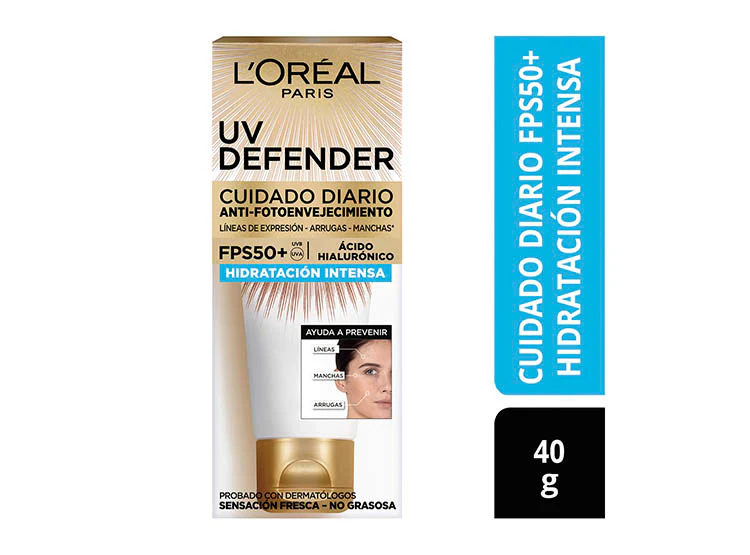 LOreal París UV Defender Hidratacion intensa Sin Color FPS50, Ácido Hialurónico - 40g