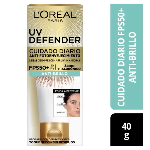 LOreal París UV Defender Anti-Brillo Sin Color FPS50, Ácido Hialurónico - 40g
